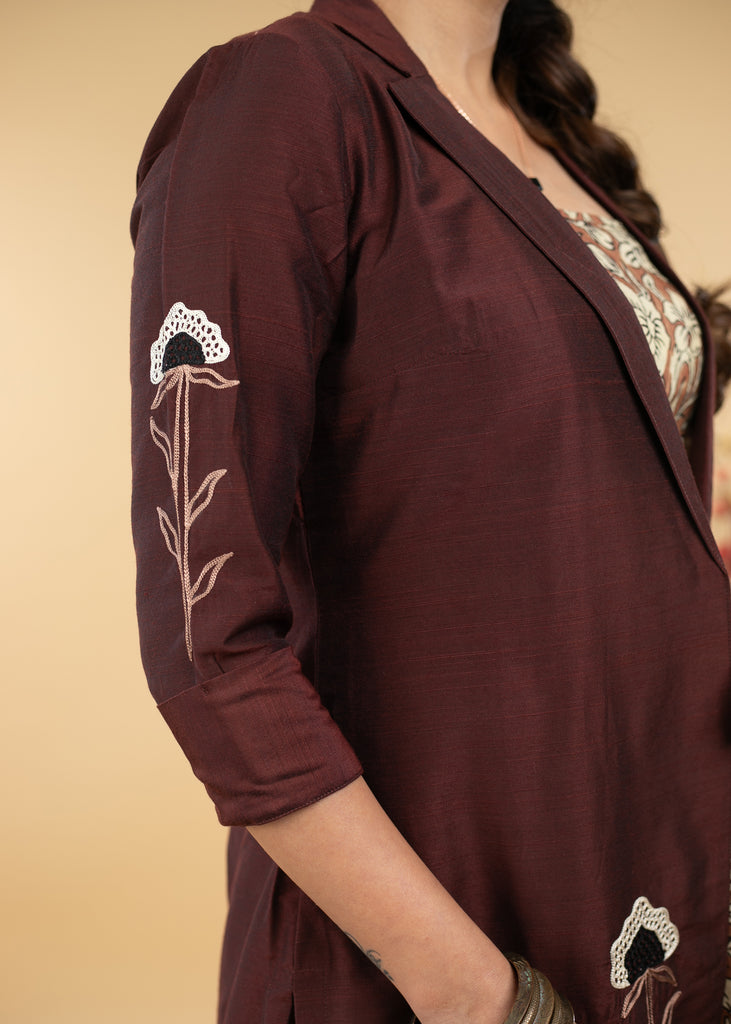 Embroidered Coffee Brown Cotton Silk Evening Jacket