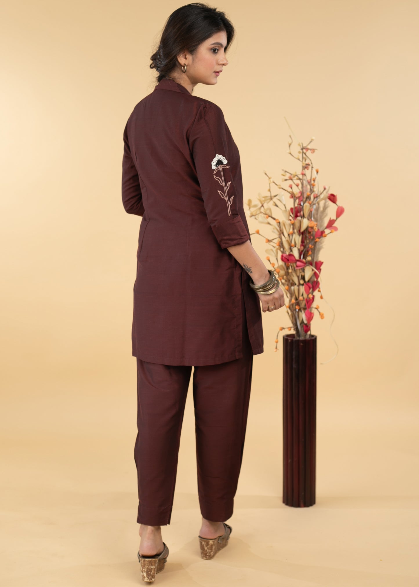 Embroidered Coffee Brown Cotton Silk Evening Jacket - Top and Pant Optional