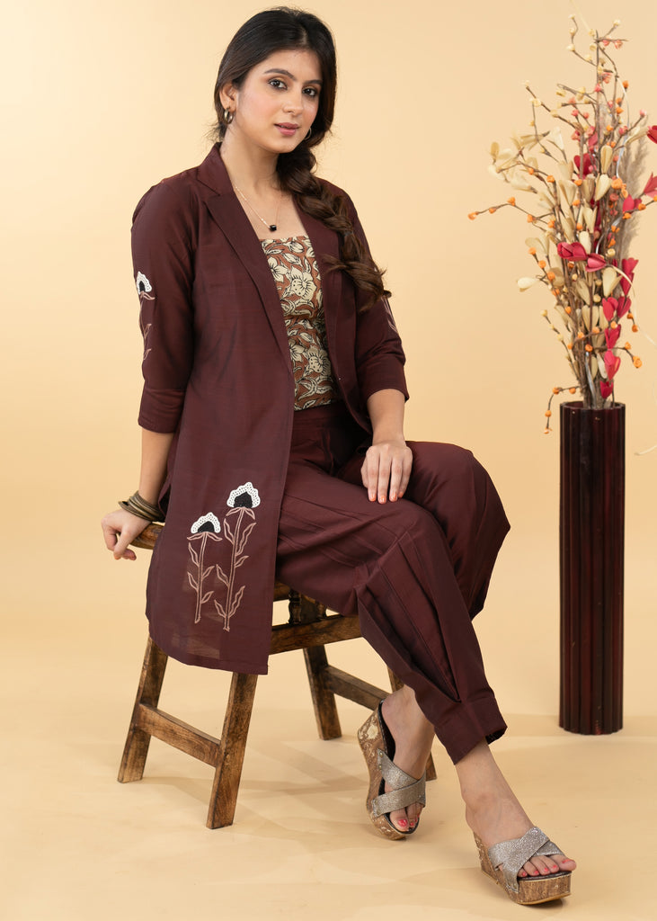 Embroidered Coffee Brown Cotton Silk Evening Jacket