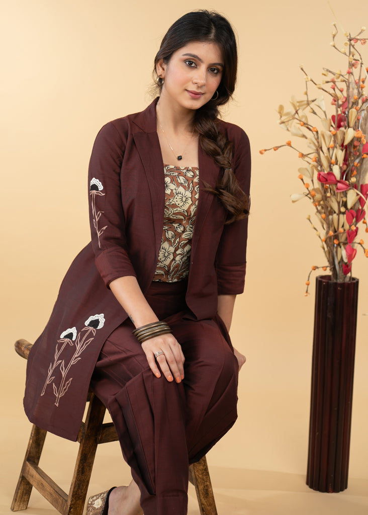 Embroidered Coffee Brown Cotton Silk Evening Jacket