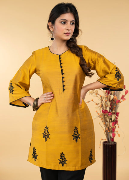 Pleasant Mustard Cotton Silk Embroidered Tunic