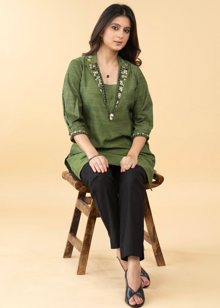 Graceful Pure Cotton Green Embroidered Collared Tunic - Pant Optional