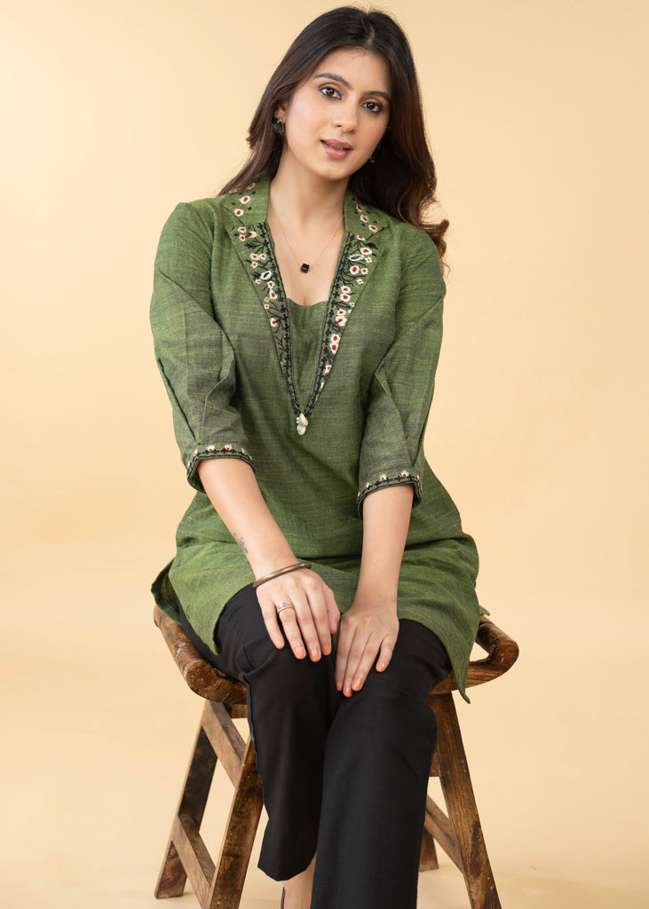 Graceful Pure Cotton Green Embroidered Collared Tunic - Pant Optional