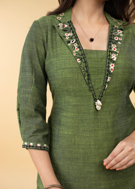 Graceful Pure Cotton Green Embroidered Collared Tunic - Pant Optional