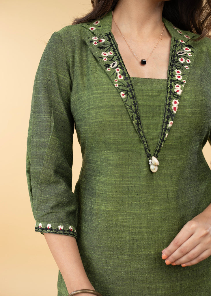 Graceful Pure Cotton Green Embroidered Collared Tunic - Pant Optional