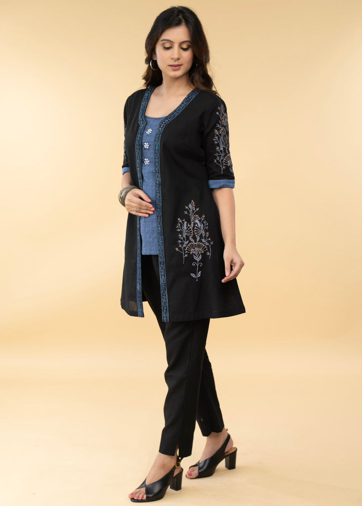 Black Embroidered Cotton Jacket with Stone Embellished Inner (2 Piece)- Pant Optional