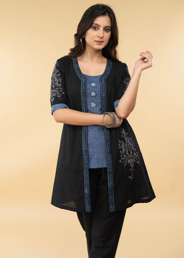 Black Embroidered Cotton Jacket with Stone Embellished Inner (2 Piece)- Pant Optional
