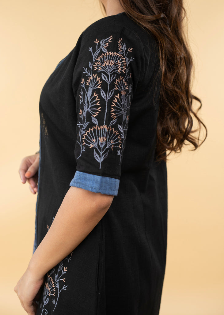 Black Embroidered Cotton Jacket with Stone Embellished Inner (2 Piece)- Pant Optional