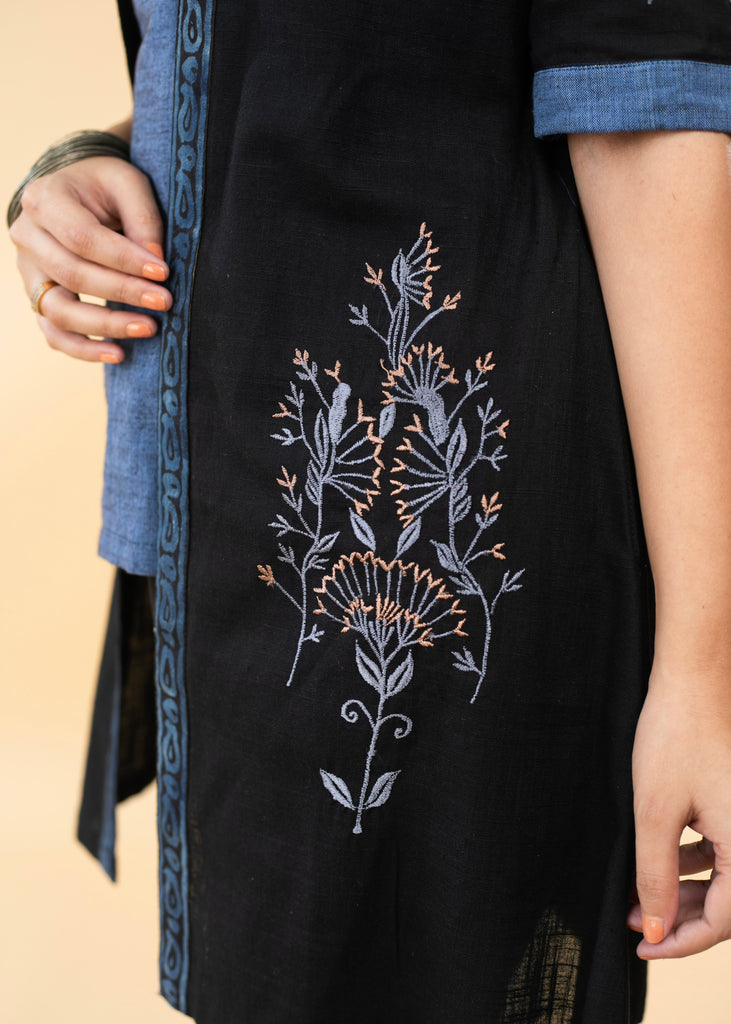 Black Embroidered Cotton Jacket with Stone Embellished Inner (2 Piece)- Pant Optional