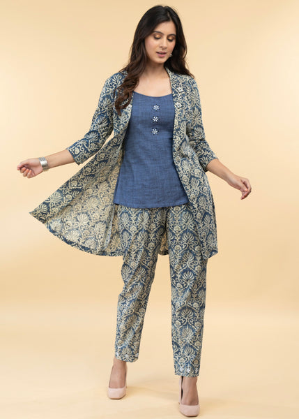 Cotton Block Printed Stone Embellished Jacket with Pure Cotton Inner ( 2 Piece)- Co-ord - Pant Optional