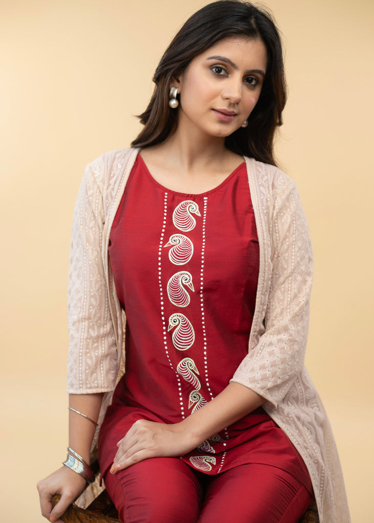 Dressy Gond Hand Painted Cotton Silk Inner with Chikankari Jacket - Hand Painted Pant Optional