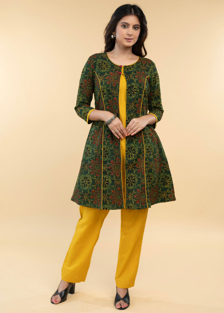 Ajrakh Jacket Tunic with Mustard Cotton Inner - Pant Optional
