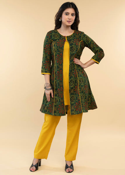 Ajrakh Jacket Tunic with Mustard Cotton Inner - Pant Optional