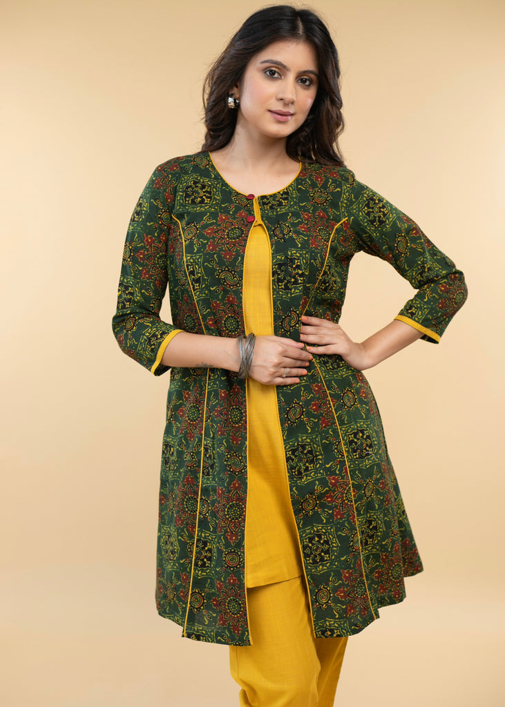 Ajrakh Jacket Tunic with Mustard Cotton Inner - Pant Optional