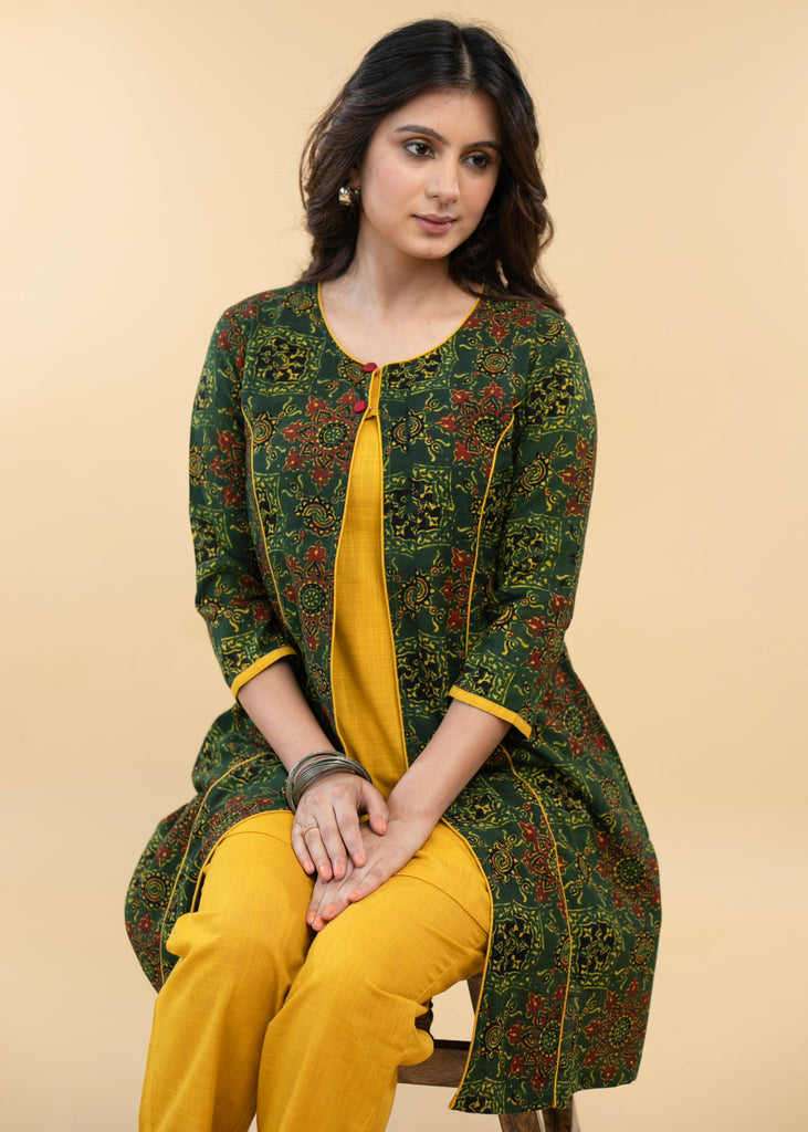 Ajrakh Jacket Tunic with Mustard Cotton Inner - Pant Optional