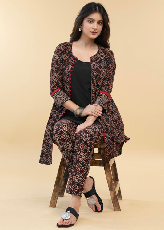 Smart Black Ajrakh Jacket with Cotton Silk Inner (2 Piece) - Ajrakh Pant Optional