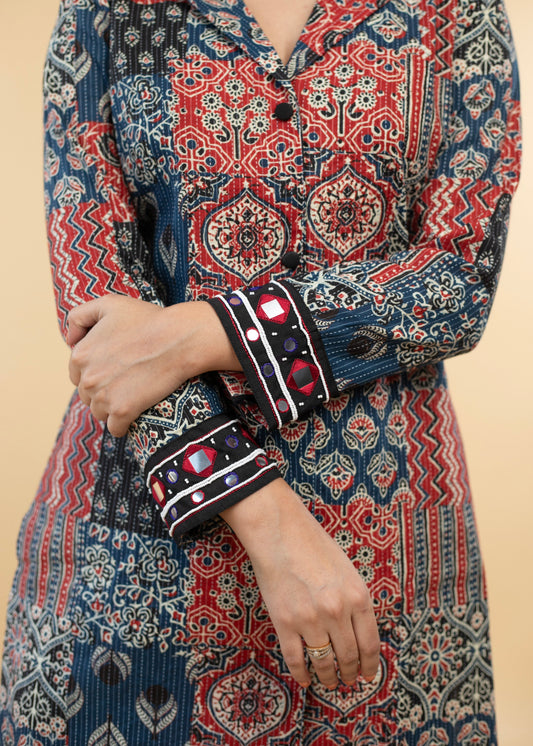 Striking Multi Coloured Kantha Tunic with Hand Embroidery on sleeves - Co ord Pant Optional