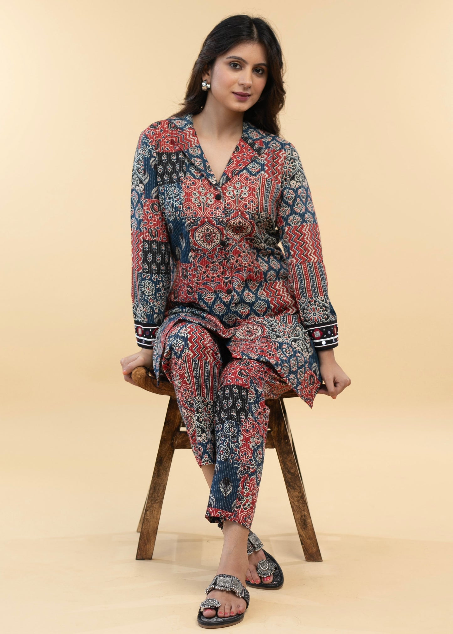 Striking Multi Coloured Kantha Tunic with Hand Embroidery on sleeves - Co ord Pant Optional