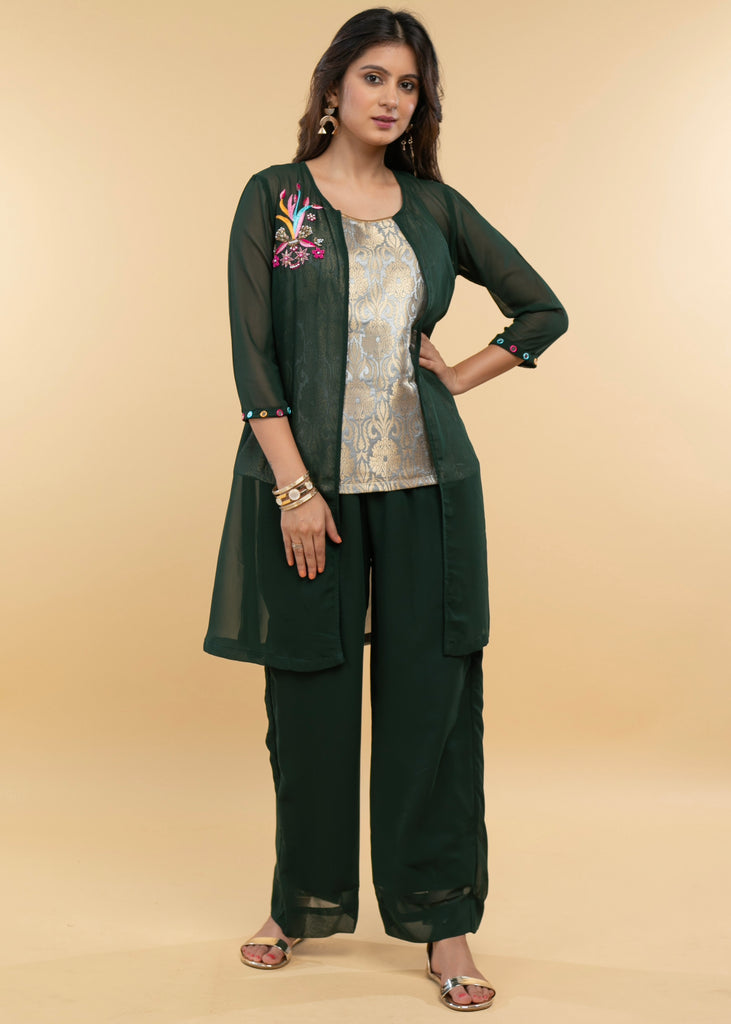 Hand Embroidered Georgette Evening Jacket with Brocade Inner(2 Piece) - Georgette Pant Optional