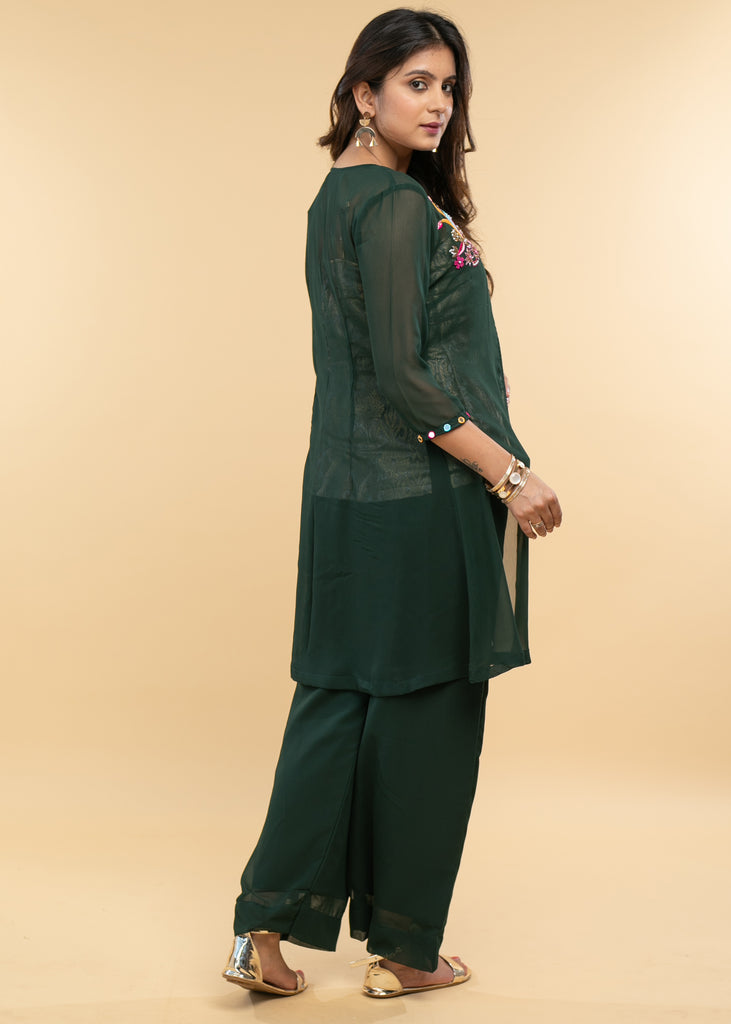 Hand Embroidered Georgette Evening Jacket with Brocade Inner(2 Piece) - Georgette Pant Optional