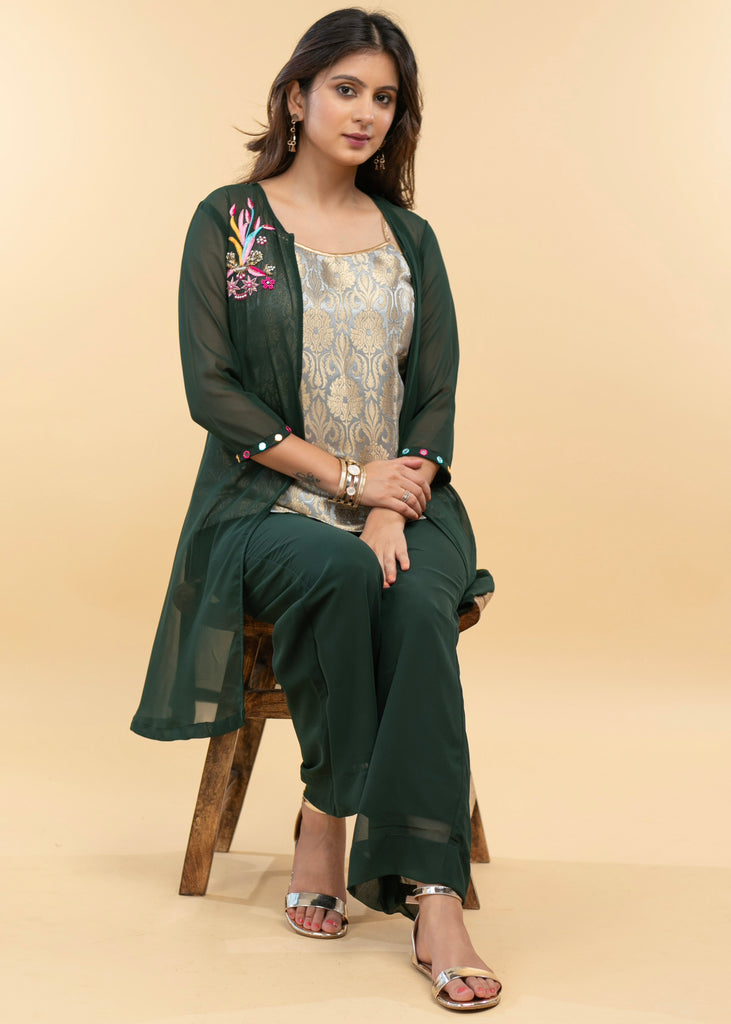 Hand Embroidered Georgette Evening Jacket with Brocade Inner(2 Piece) - Georgette Pant Optional