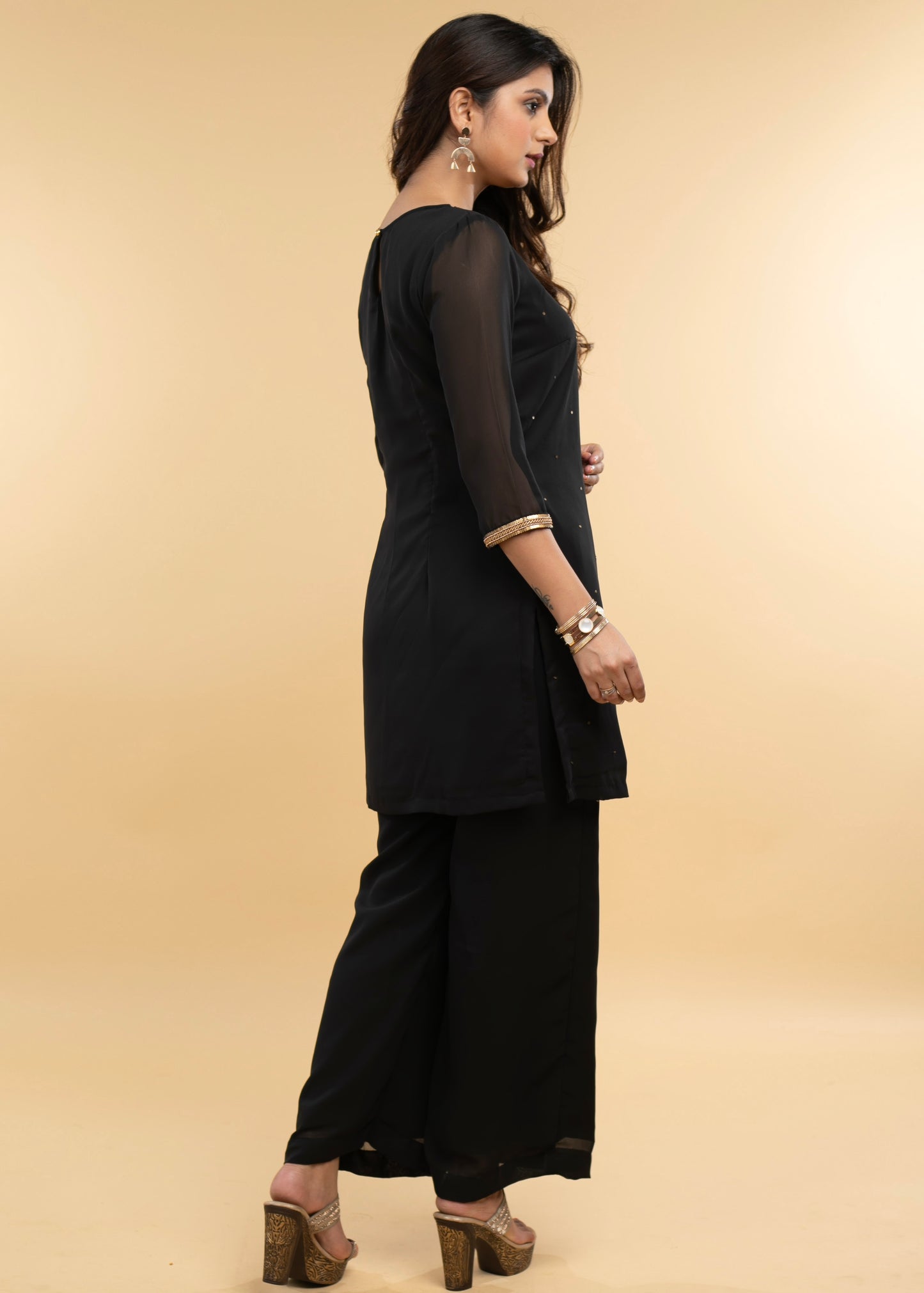 Exclusive Black Hand Embroidered Georgette Evening wearTunic - Georgette Pant Optional