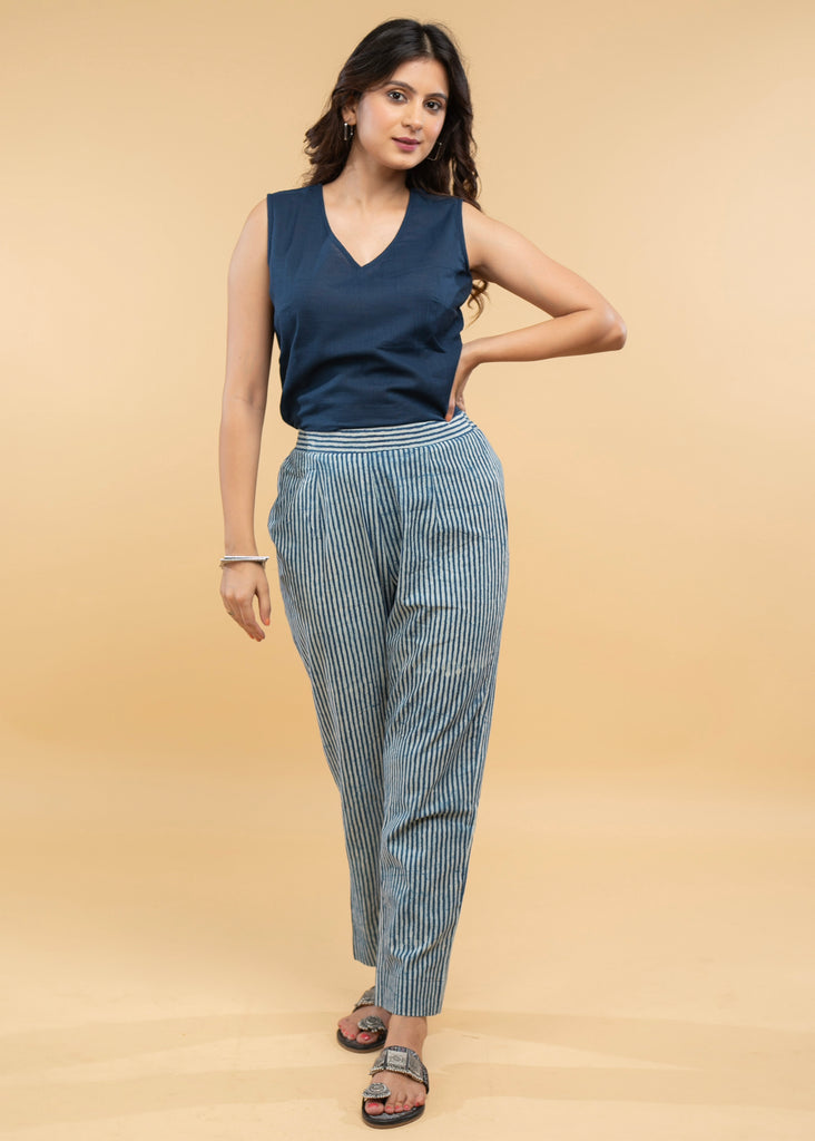 Chique Applique Work Striped Indigo Shirt Jacket with Cotton Inner (2 Piece)- Co-ord Indigo Pant Optional