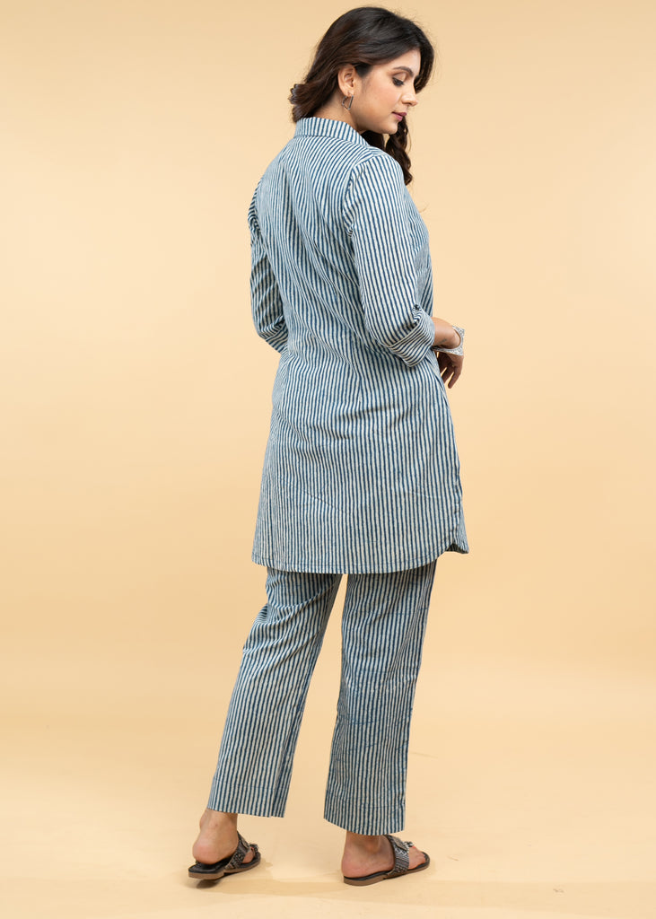 Chique Applique Work Striped Indigo Shirt Jacket with Cotton Inner (2 Piece)- Co-ord Indigo Pant Optional