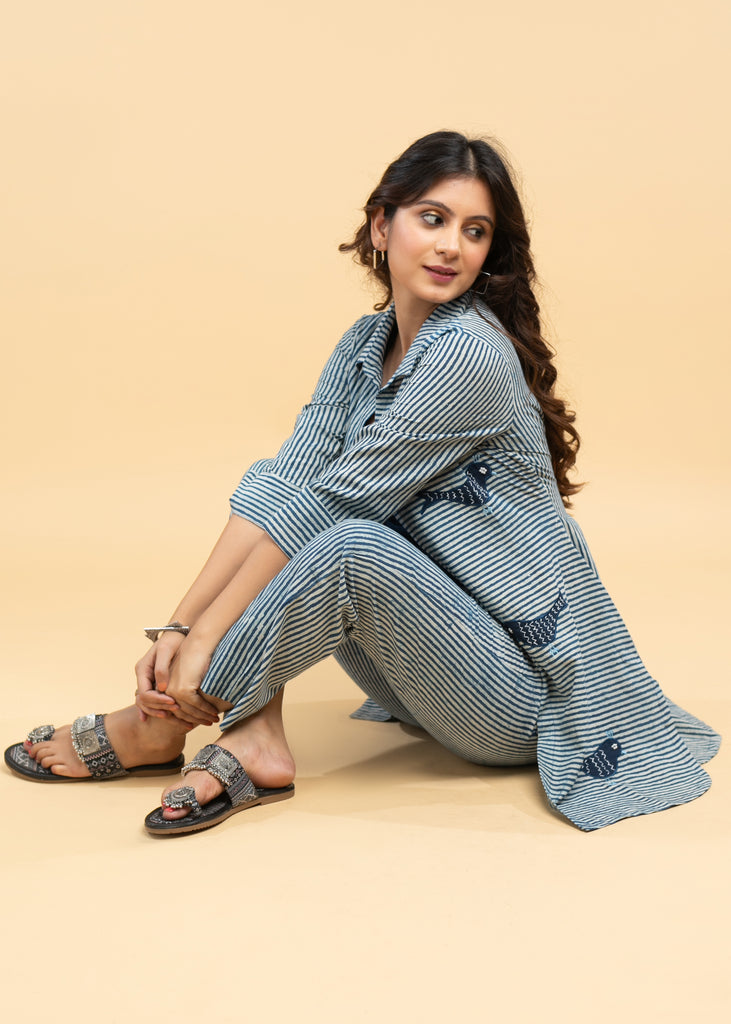 Chique Applique Work Striped Indigo Shirt Jacket with Cotton Inner (2 Piece)- Co-ord Indigo Pant Optional