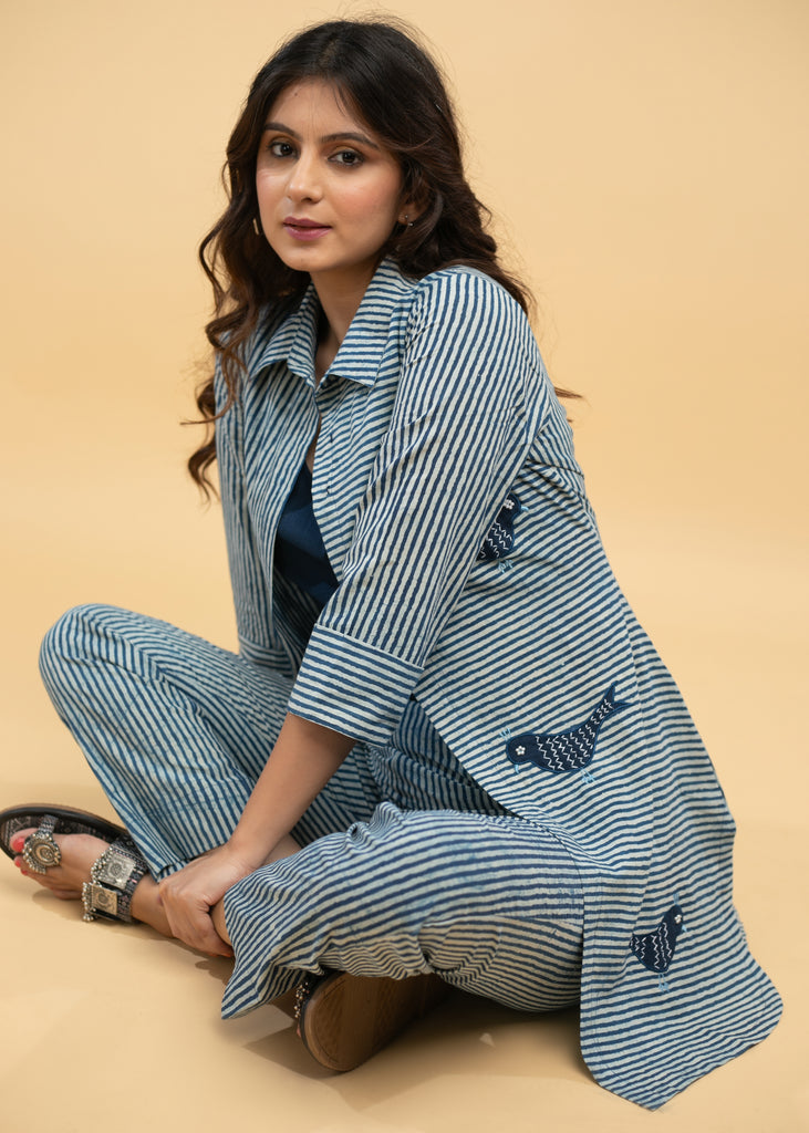 Chique Applique Work Striped Indigo Shirt Jacket with Cotton Inner (2 Piece)- Co-ord Indigo Pant Optional