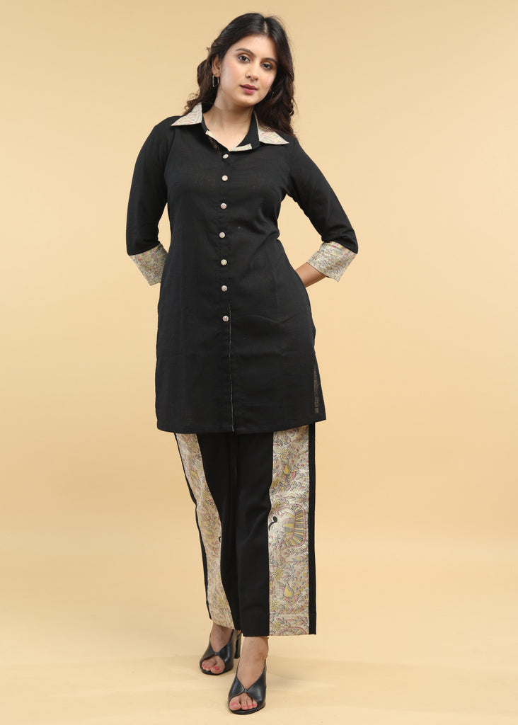 Black Cotton Madhubani Print Combination Co-Ord Tunic - Pant Optional