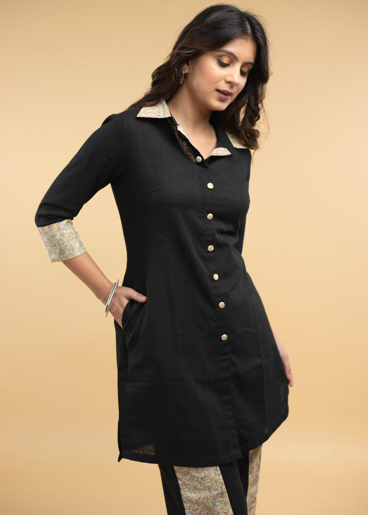 Black Cotton Madhubani Print Combination Co-Ord Tunic - Pant Optional