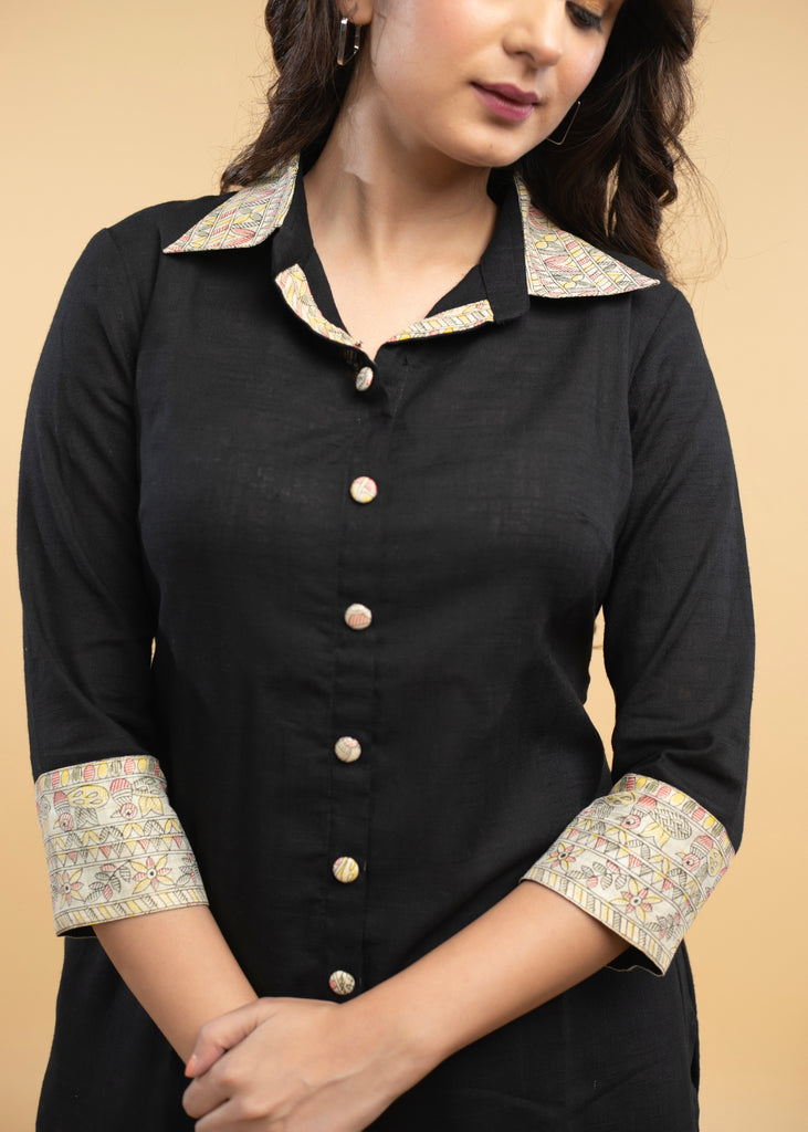 Black Cotton Madhubani Print Combination Co-Ord Tunic - Pant Optional