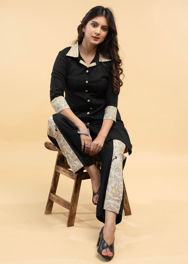 Black Cotton Madhubani Print Combination Co-Ord Tunic - Pant Optional
