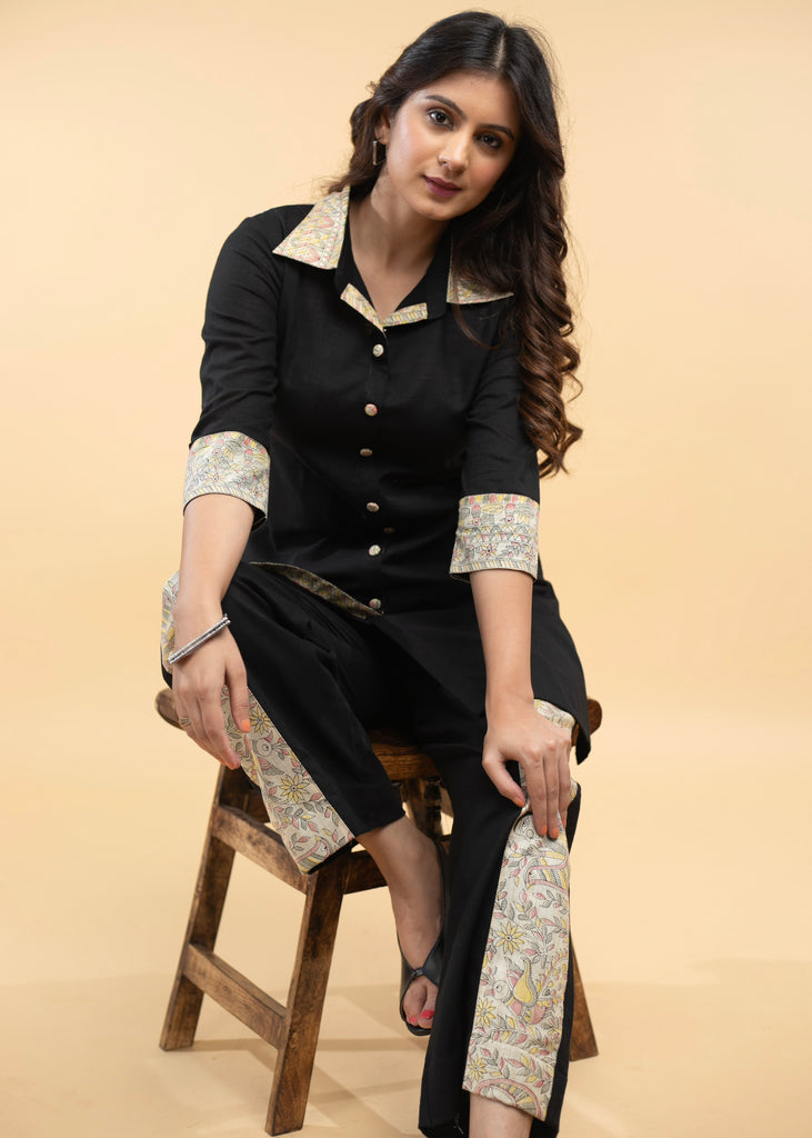 Black Cotton Madhubani Print Combination Co-Ord Tunic - Pant Optional