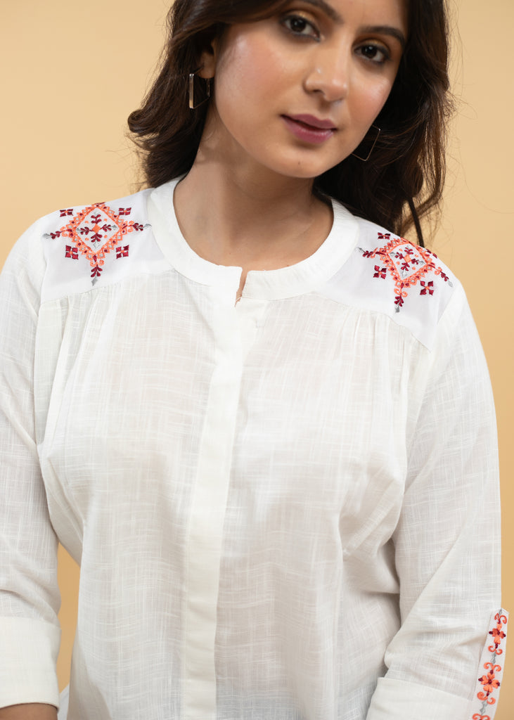 Serene White Cotton Embroidered Tunic with Gerogette Shoulder Patches