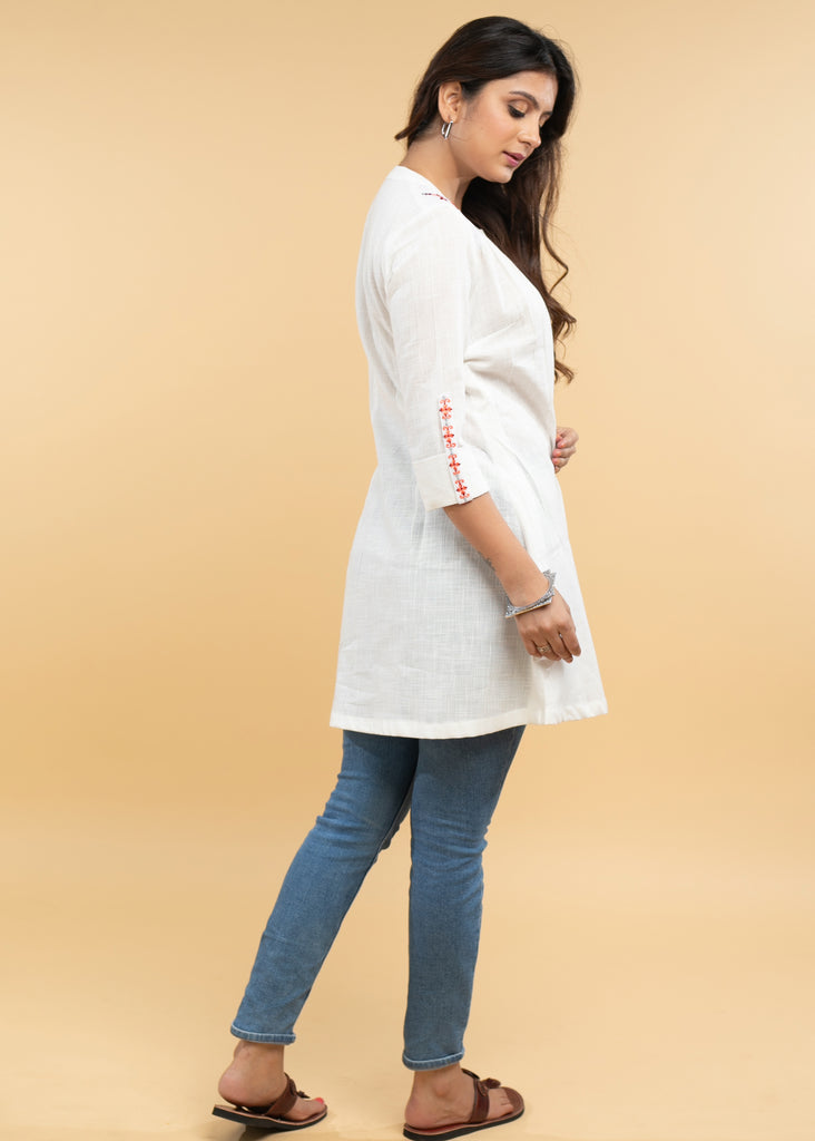 Serene White Cotton Embroidered Tunic with Gerogette Shoulder Patches