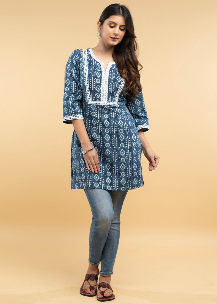 Indigo Tunic with Kantha stitches & Laces -Pant Optional