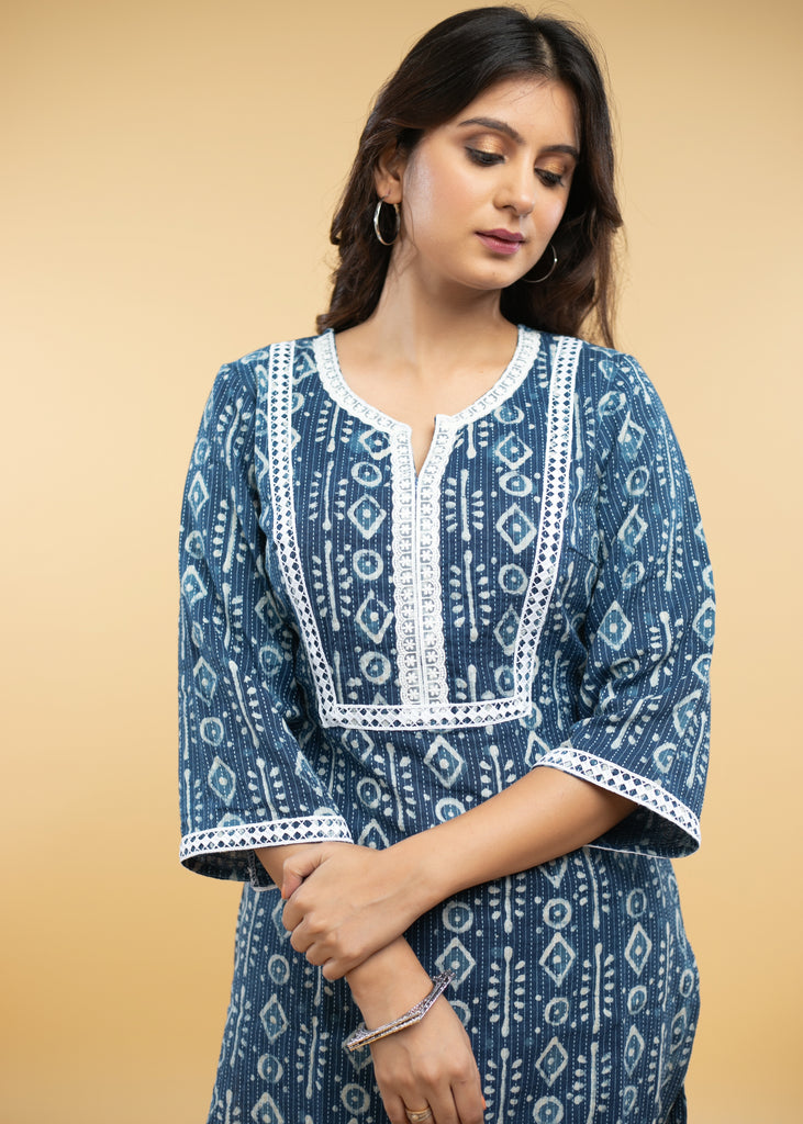 Indigo Tunic with Kantha stitches & Laces -Pant Optional