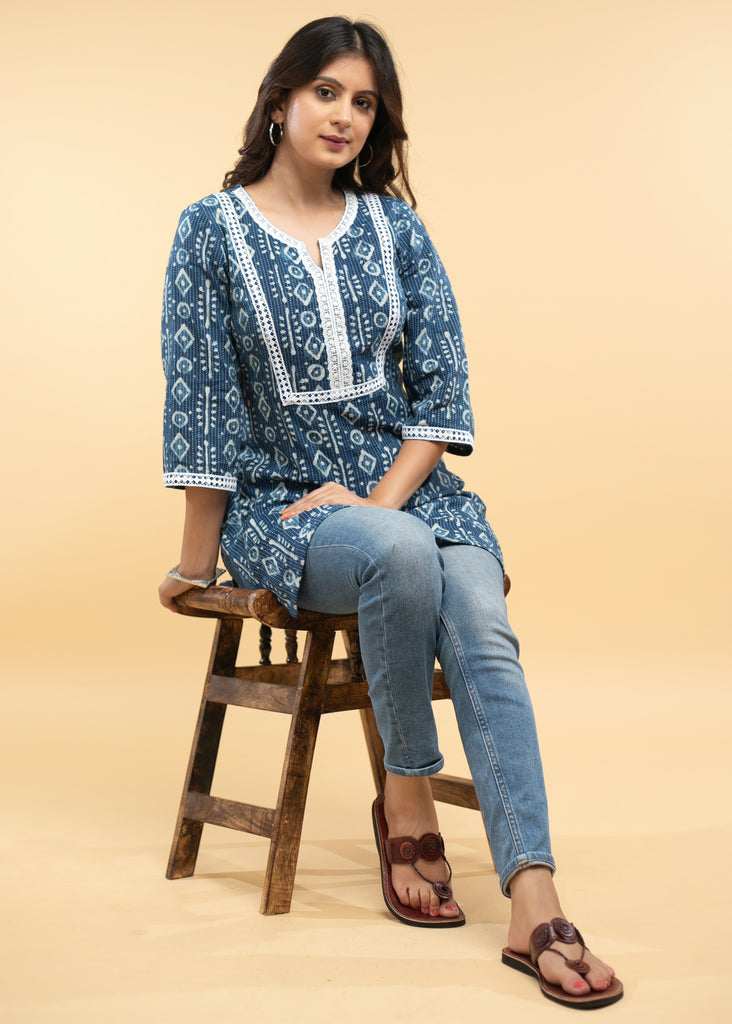 Indigo Tunic with Kantha stitches & Laces -Pant Optional