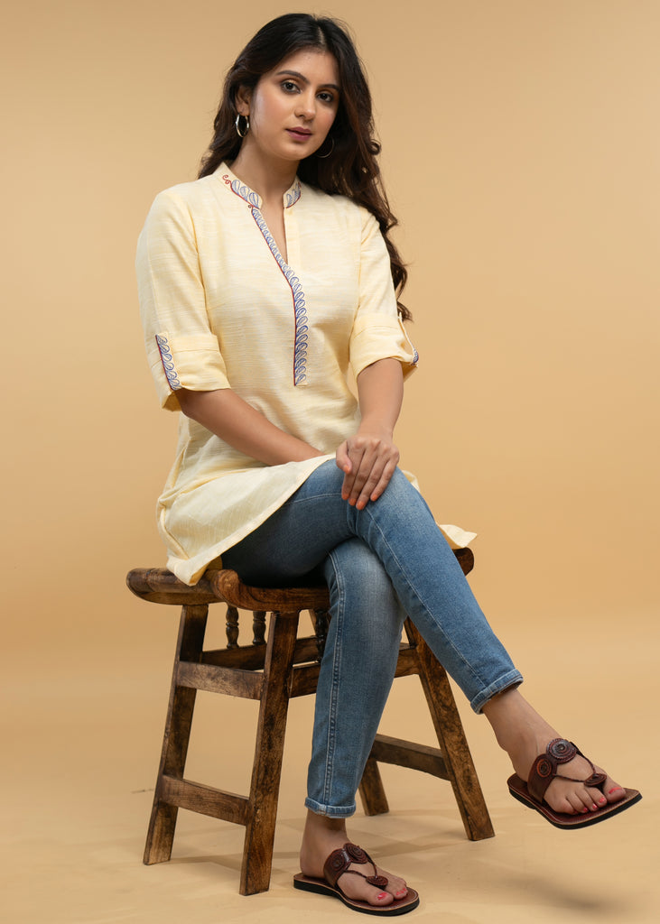 Pleasing Hand Painted Lemon Yellow Pure Cotton Tunic