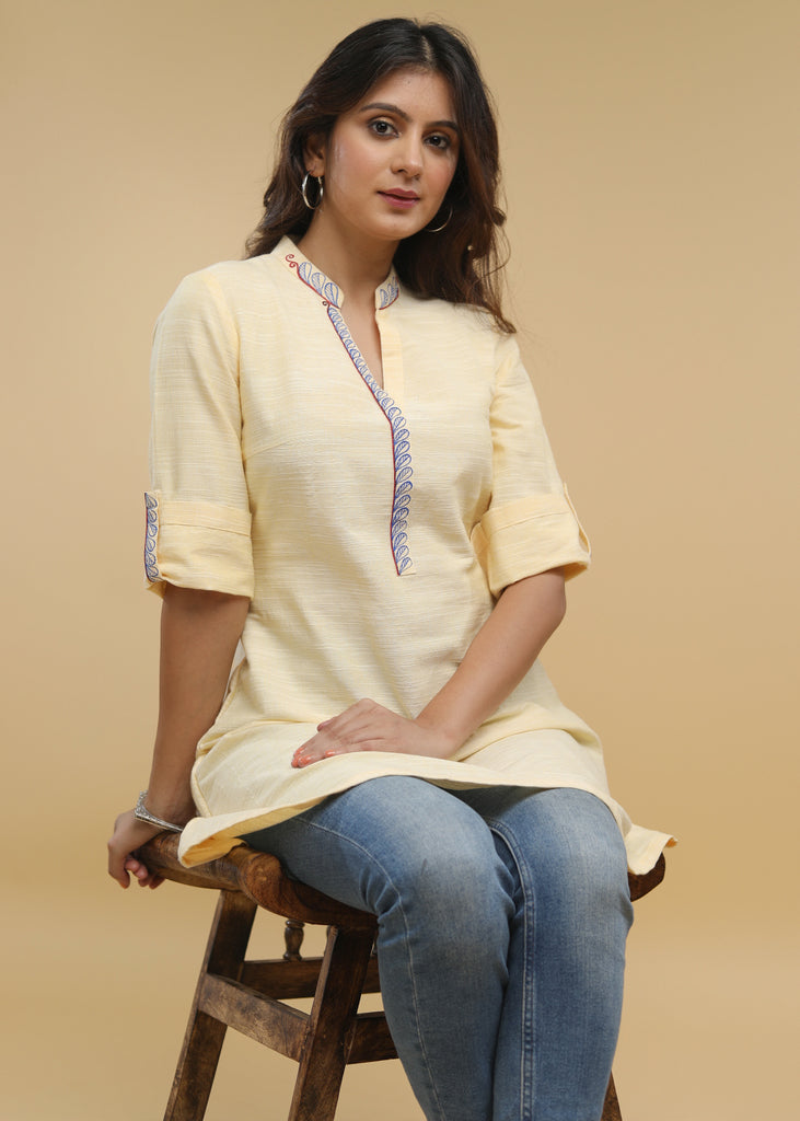 Pleasing Hand Painted Lemon Yellow Pure Cotton Tunic