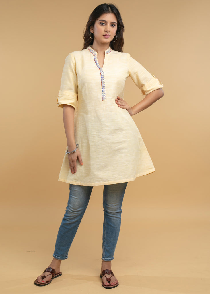 Pleasing Hand Painted Lemon Yellow Pure Cotton Tunic