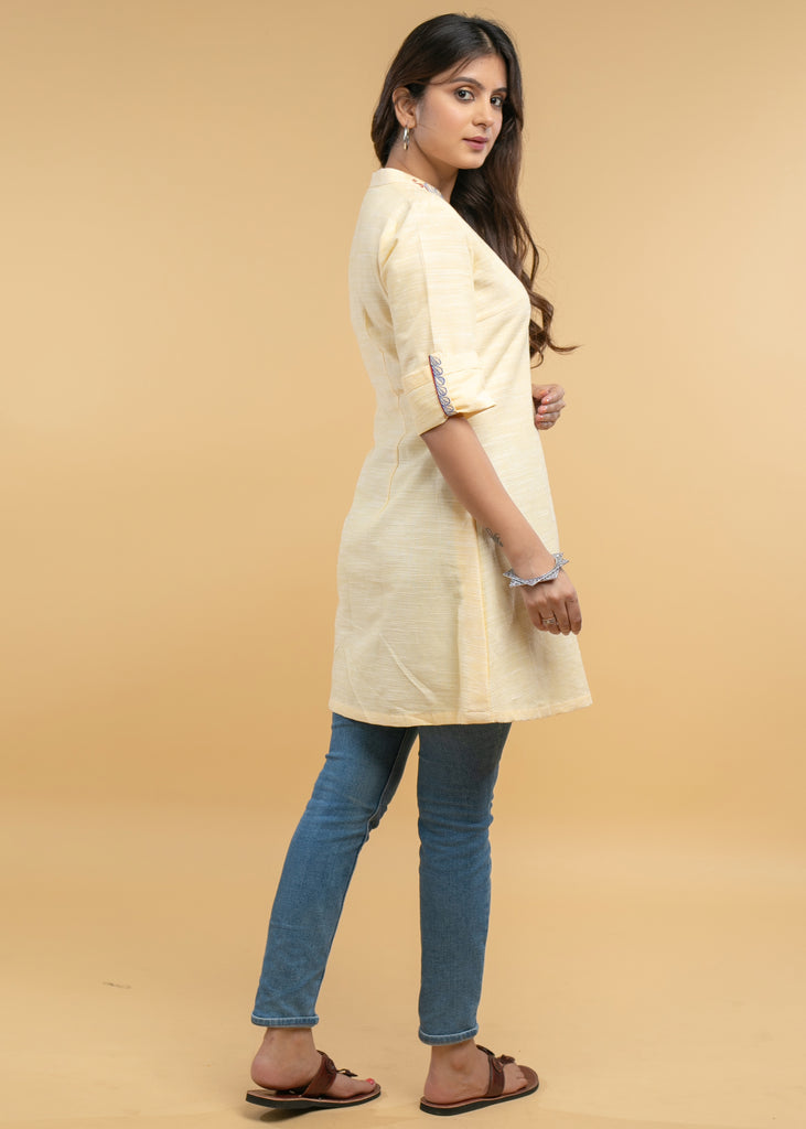 Pleasing Hand Painted Lemon Yellow Pure Cotton Tunic