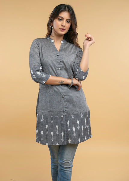 Casual Grey Cotton Ikat Combination Tunic