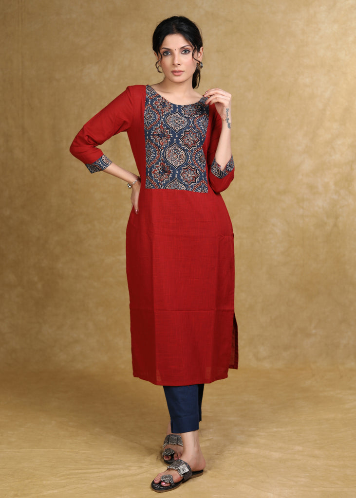 Smart Maroon Cotton Kurta with Blue Ajrakh Yoke