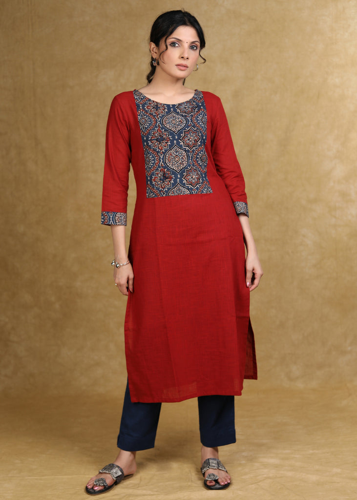Smart Maroon Cotton Kurta with Blue Ajrakh Yoke