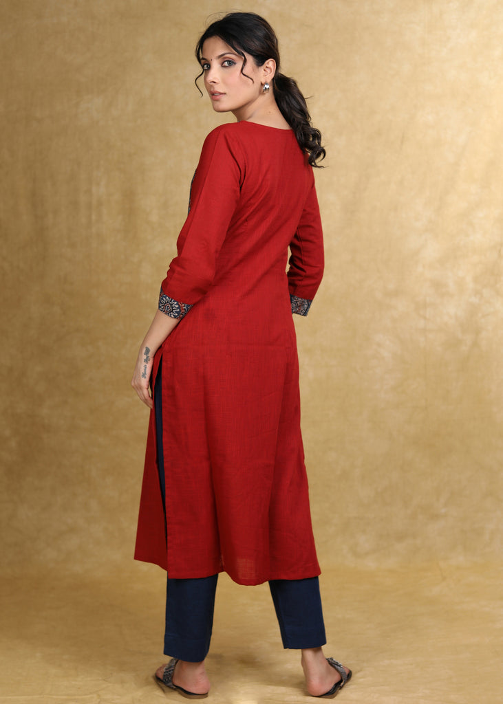 Smart Maroon Cotton Kurta with Blue Ajrakh Yoke