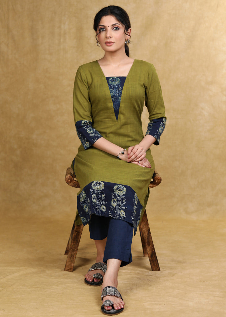 Classy Moss Green Cotton Kurta with Blue Floral Combination