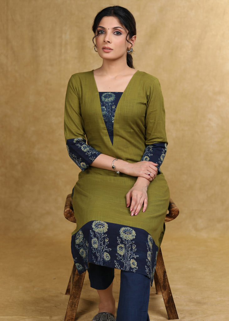 Classy Moss Green Cotton Kurta with Blue Floral Combination